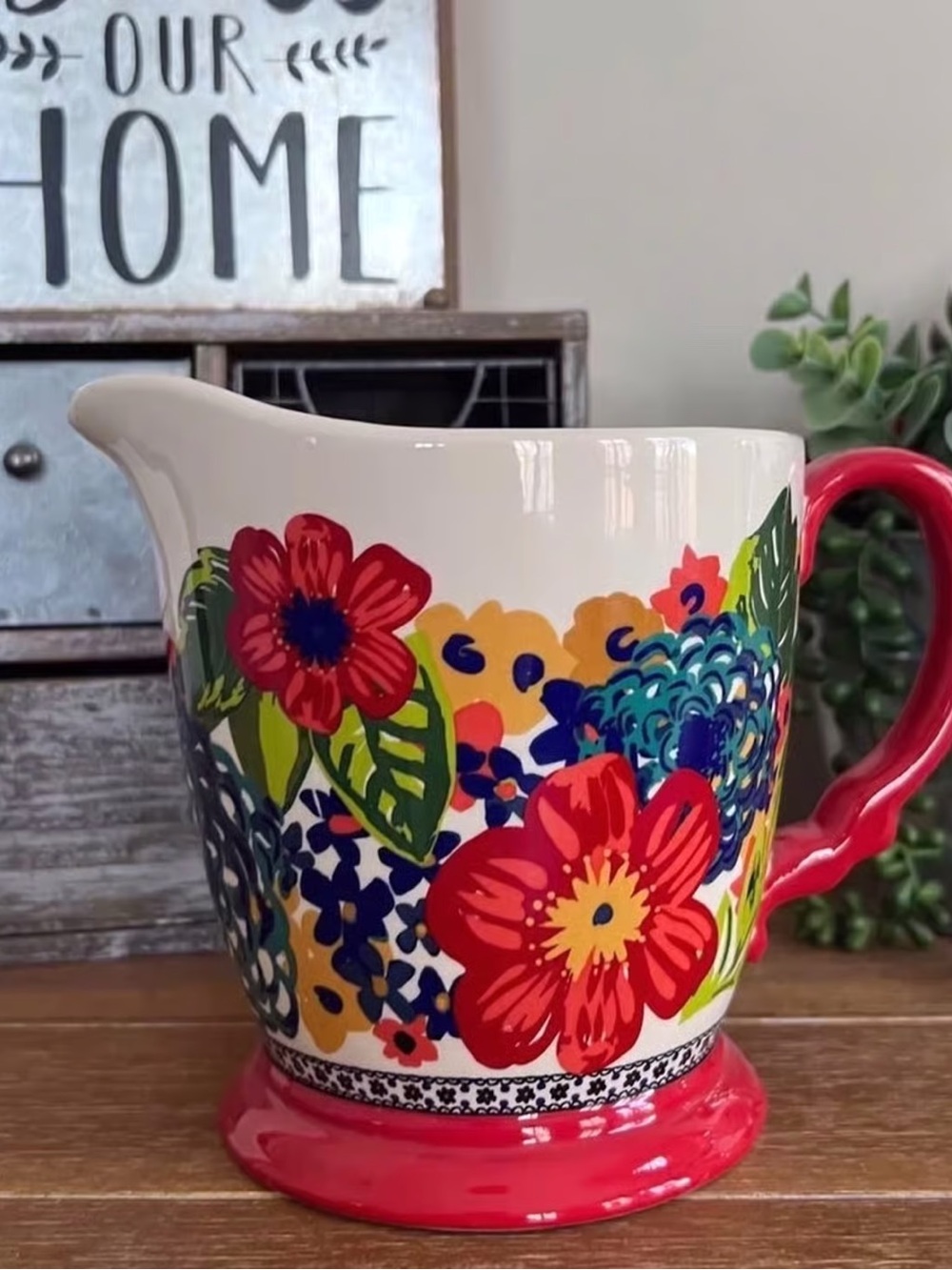New Pioneer Woman Ceramic 4 Cup Measuring Pitcher Dazzling Dahlias